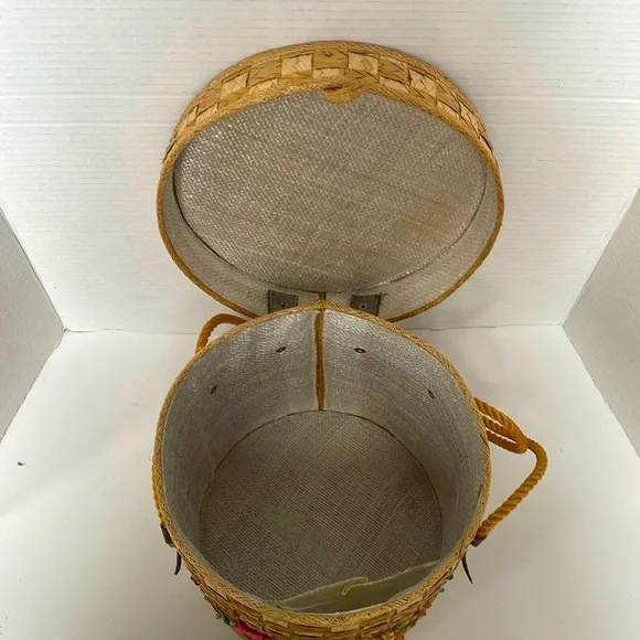 Vintage Mid Century Woven Straw Raffia Tropical Purse Beach Tote Picnic Basket - Picture 7 of 9